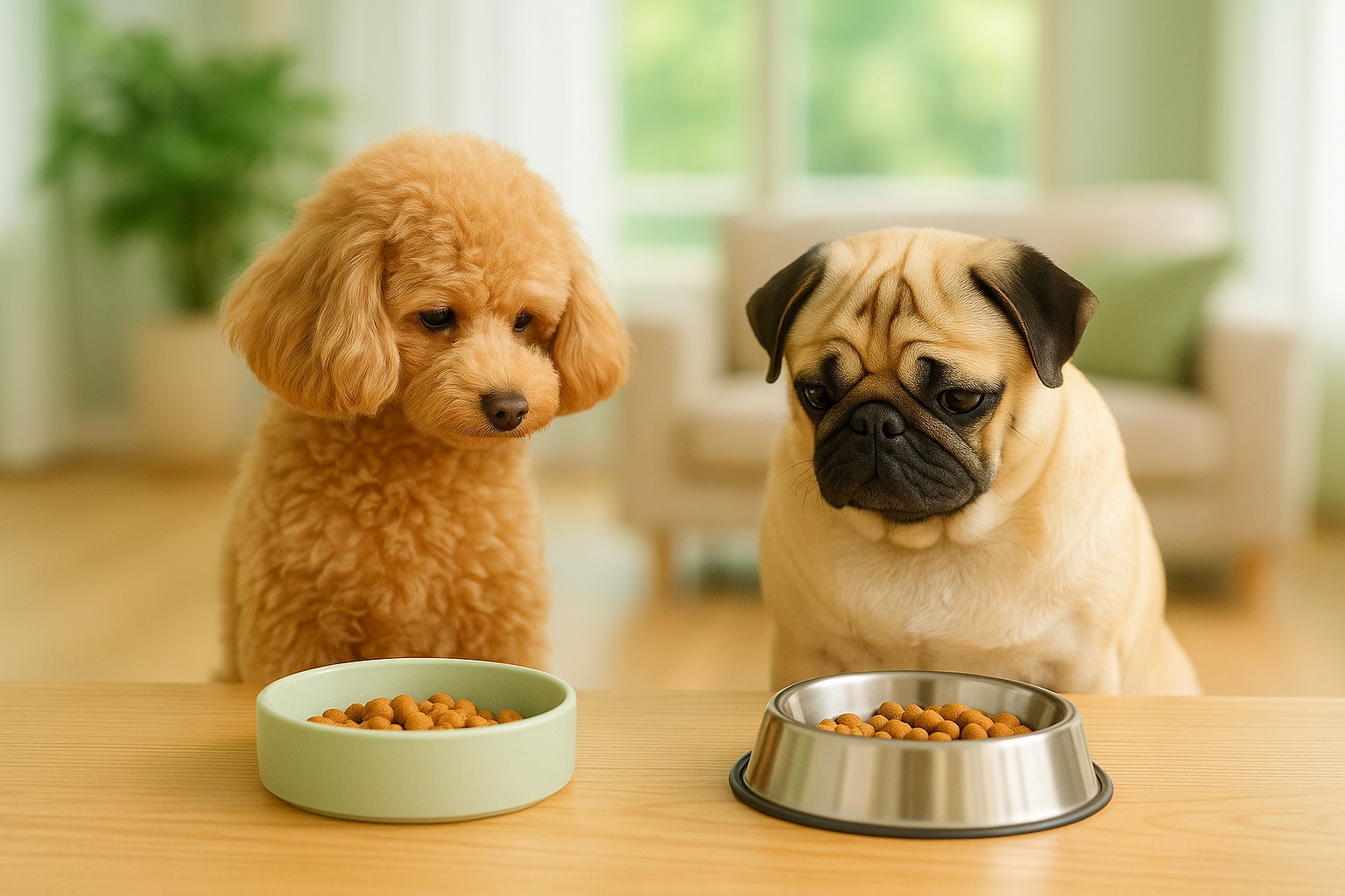 トイプードルのイヴとパグのしずくが、それぞれのフードボウルを穏やかに見つめている。