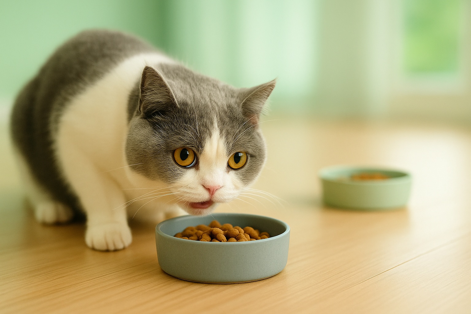 ブリティッシュショートヘアの福が、フードボウルの前で少し前のめりに食べようとしている。奥にはもう一つの器が見える。