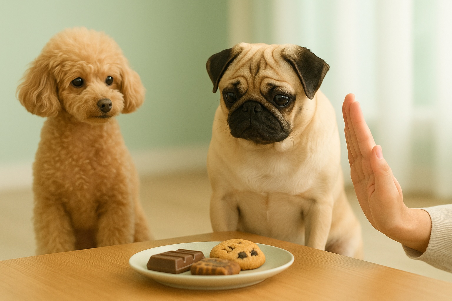 パグのしずくがテーブル上のお菓子を興味深そうに見つめ、隣のトイプードルのイヴが穏やかに見守っている。