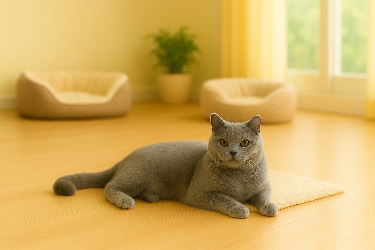 ブリティッシュショートヘアの永遠が木目フロアの上で穏やかに横たわり、奥には犬用ベッドと猫用クッションが並ぶ。自然光が差し込む明るいリビング。
