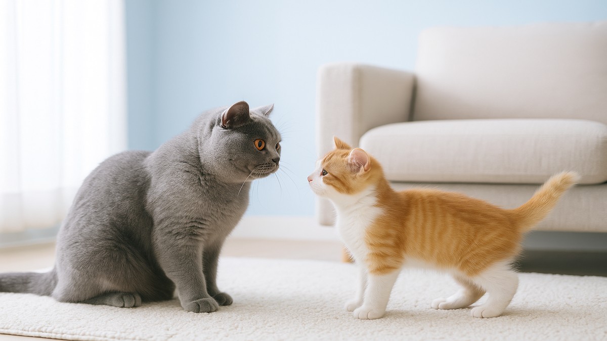 先住猫と新入り猫が初めて出会い、穏やかに見つめ合う姿。新しい家族を迎える温かい雰囲気の写真。