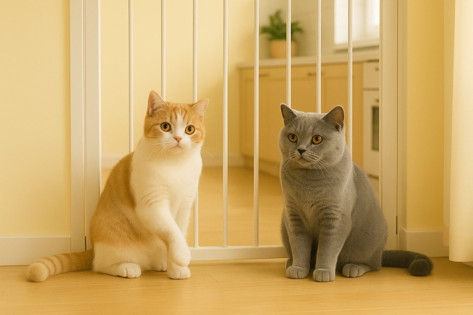 スコティッシュフォールドの詩とブリティッシュショートヘアの姫が、キッチン前のゲート越しに並んでいる。自然光が差し込む明るい木目フロア。
