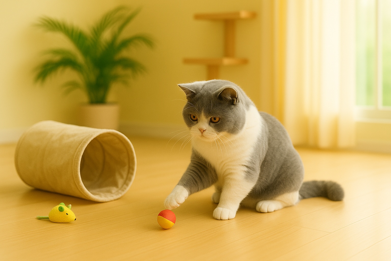 ブリティッシュショートヘアの福が、木目フロアの上でおもちゃを前足で転がしながら遊んでいる。自然光が差し込む明るいリビング。