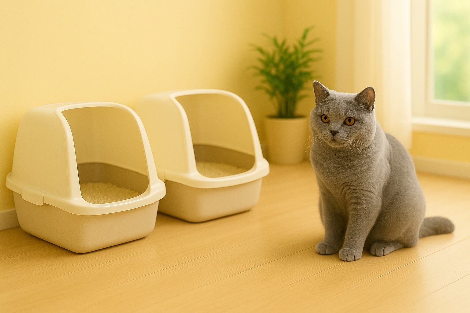 ブリティッシュショートヘアの永遠が、2台の猫用トイレの前で穏やかに座っている。明るい自然光が差し込む清潔な木目フロア。