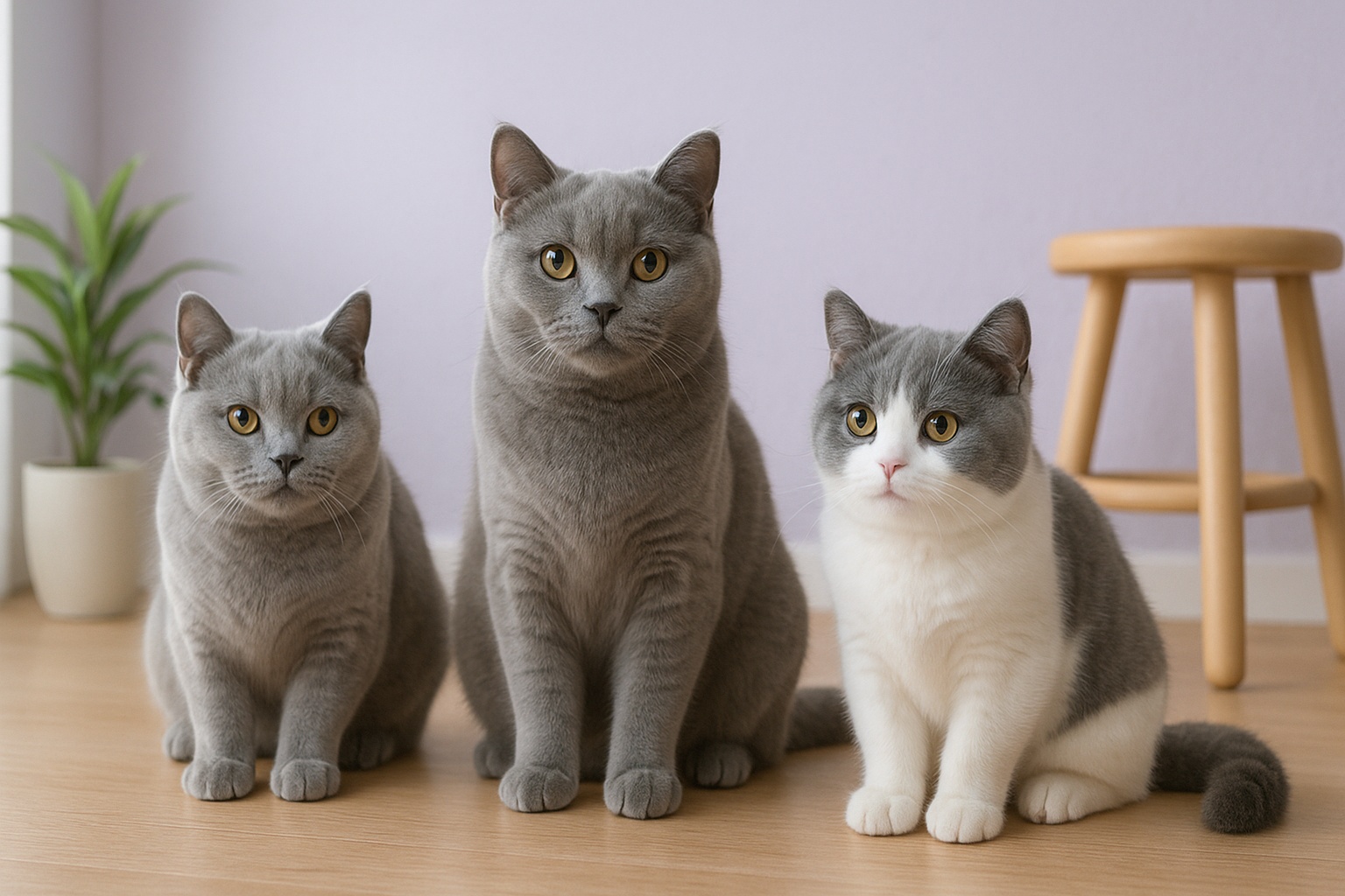 永遠（ブルー単色）、姫（ブルー）、福（ブルー＆ホワイト）の3匹のブリティッシュショートヘアが、パステルラベンダーの室内で落ち着いて並んで座っている様子。自然光が穏やかに差し込む空間。