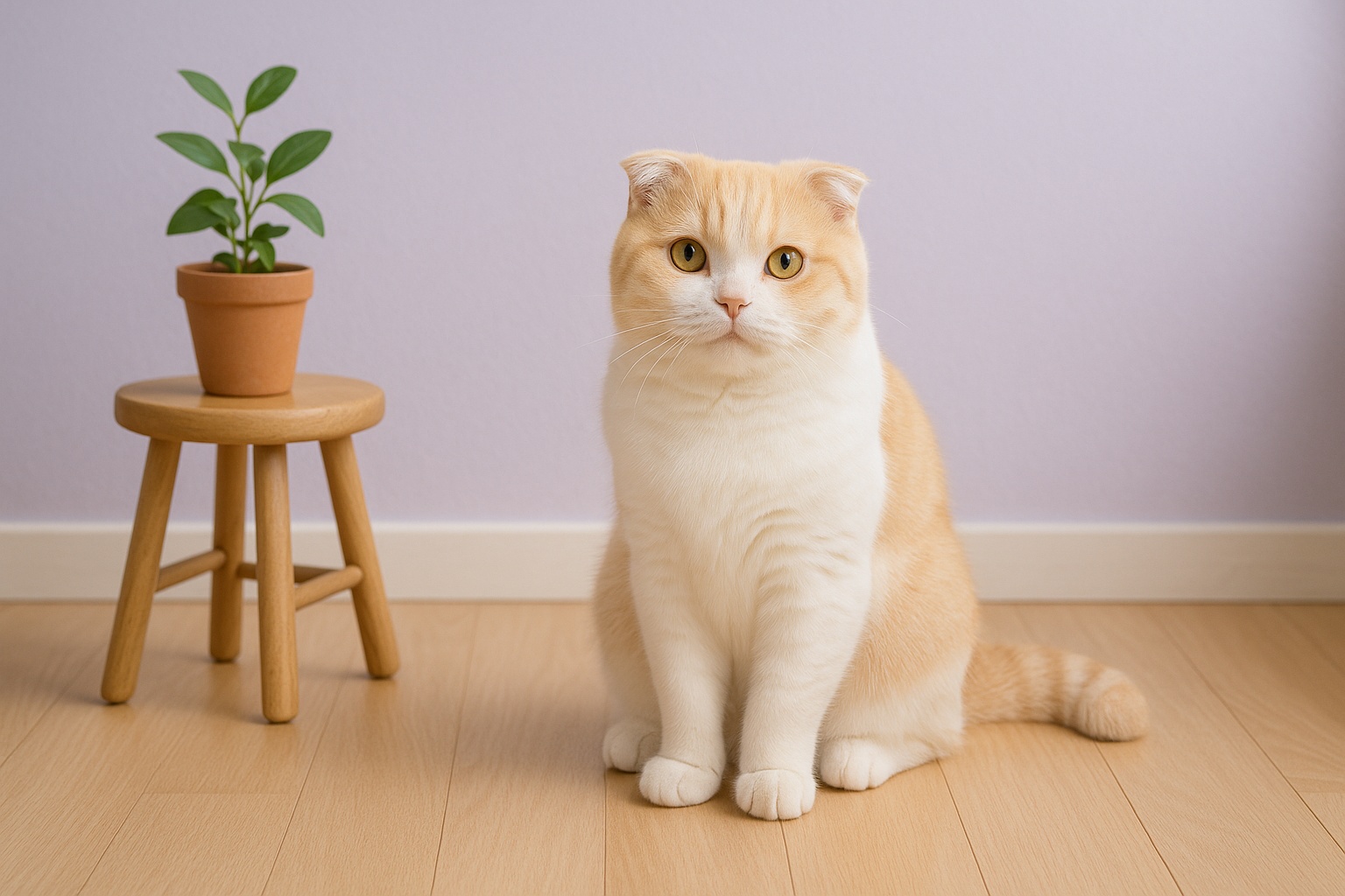 スコティッシュフォールドの詩が、ペールバイオレットの室内で穏やかに座っている様子。自然光がやさしく差し込む静かな空間。