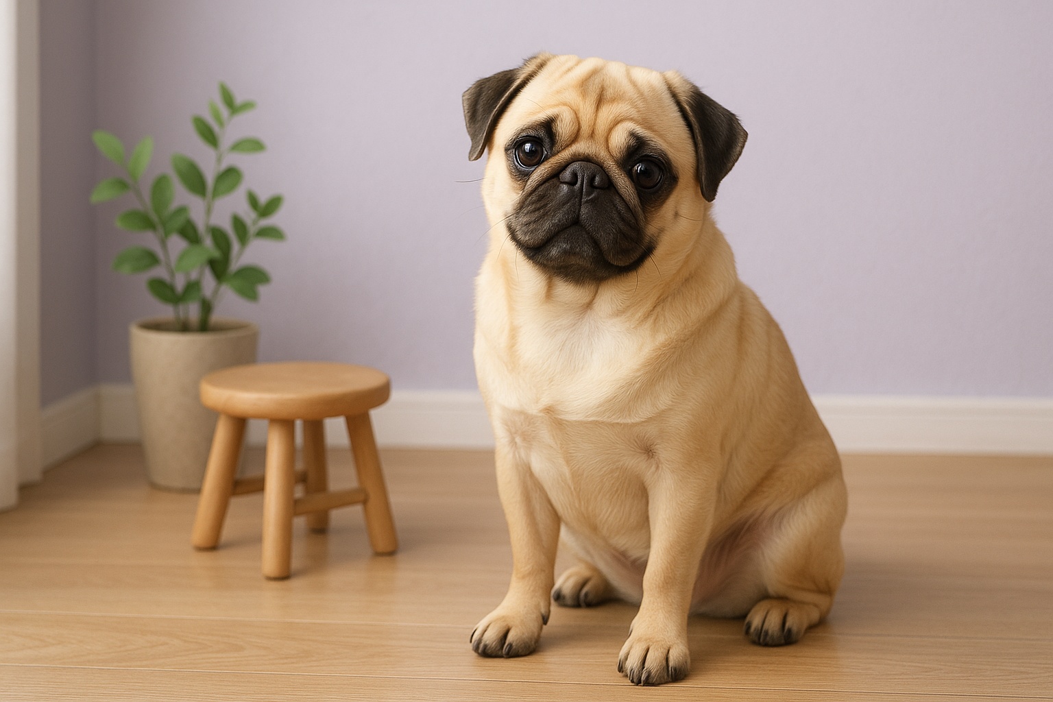 淡いフォーンのパグ・しずくがペールバイオレットの室内で穏やかに座っている様子。自然光がやわらかく差し込む空間。
