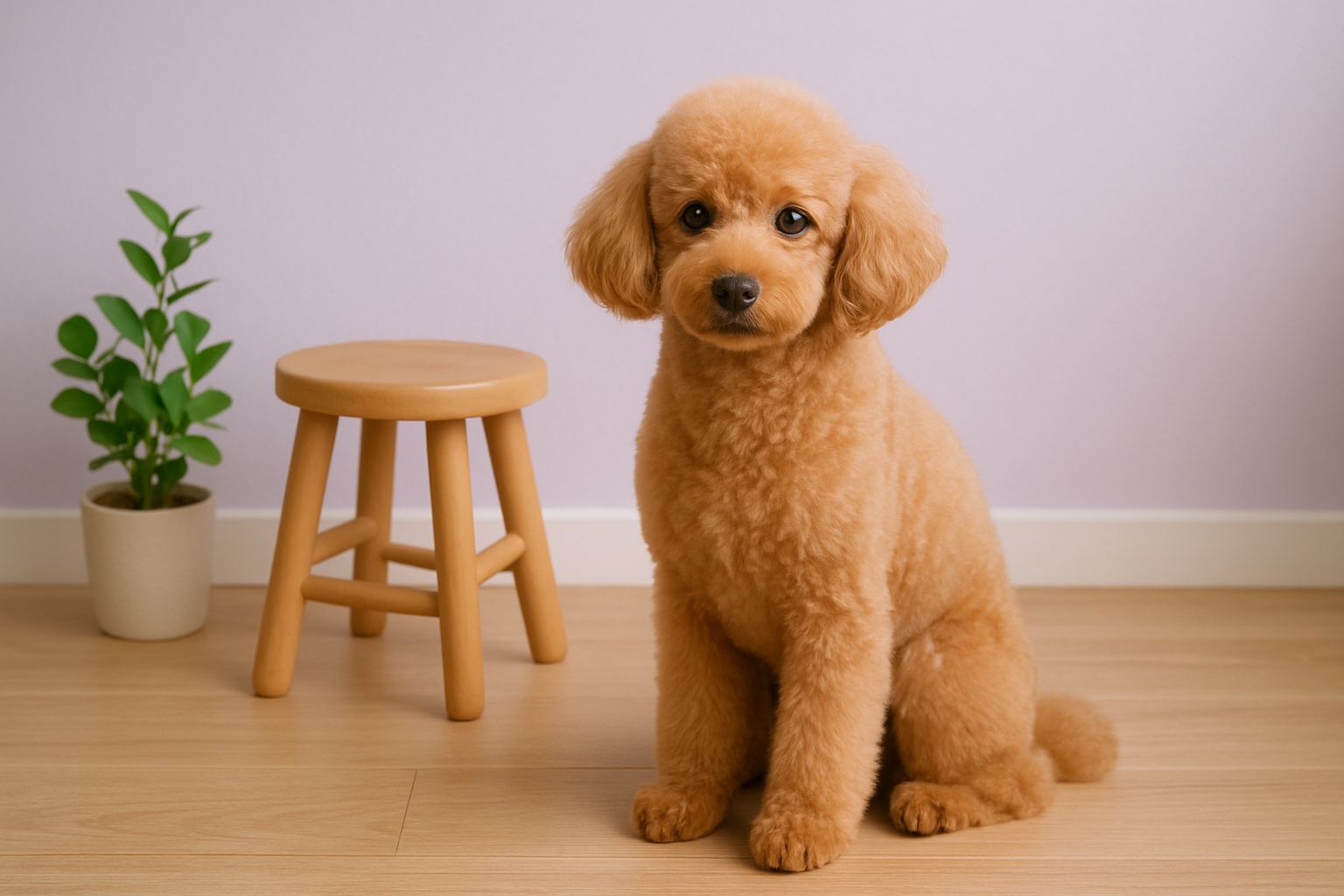 アプリコットのトイプードル・イヴが、ペールバイオレットの室内で穏やかに座っている様子。明るい自然光がふんわりと当たる空間。