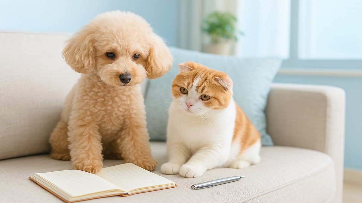 トイプードルのイヴとスコティッシュフォールドの詩が、ノートを見ながら一緒に考えている。多頭飼いの始めどきを話し合うような前向きな雰囲気の写真。