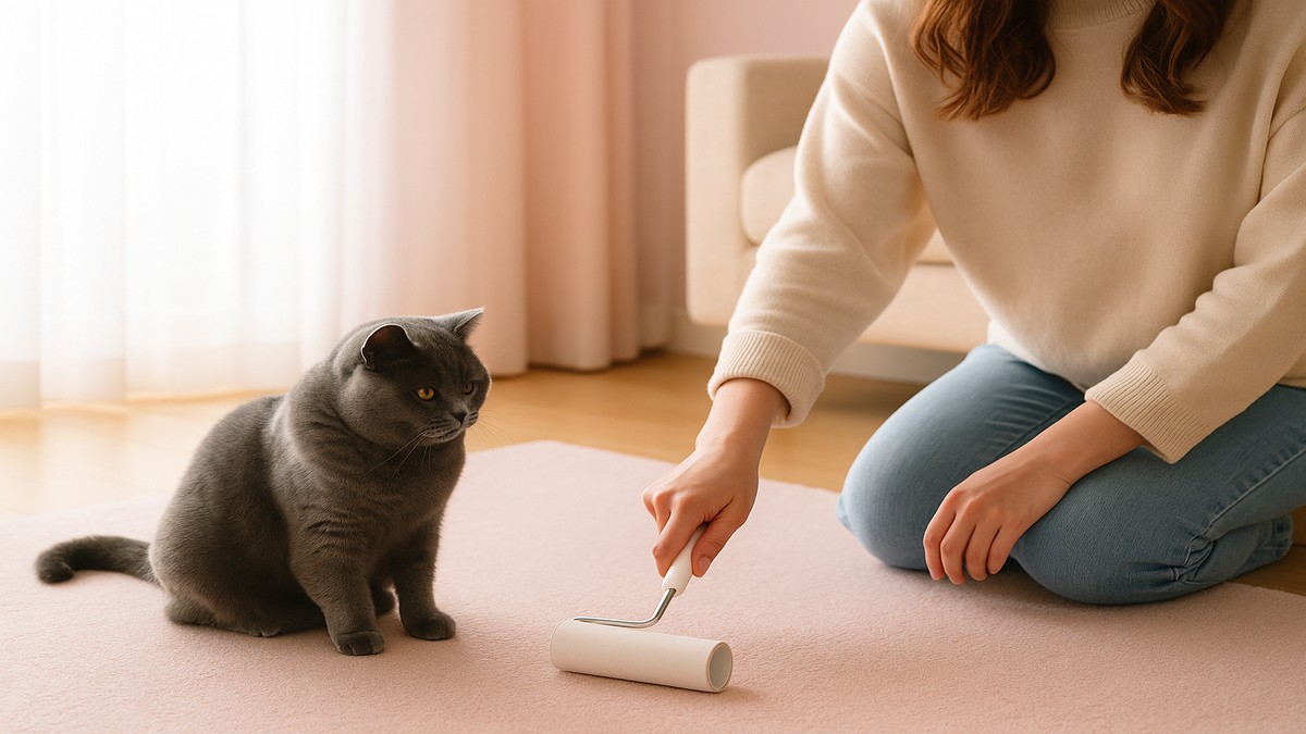姫がコロコロで掃除をしている明るい部屋の写真