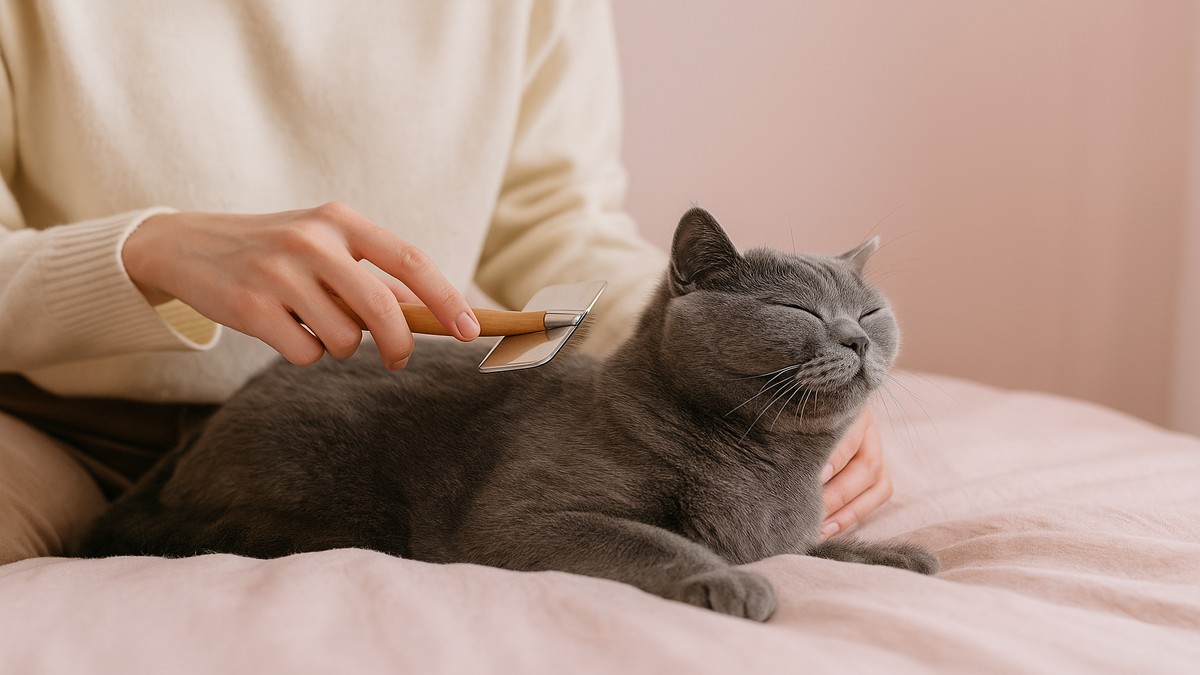 灰色のブリティッシュショートヘアが飼い主にブラッシングされてリラックスしている。顔は映らず手元中心の写真。
