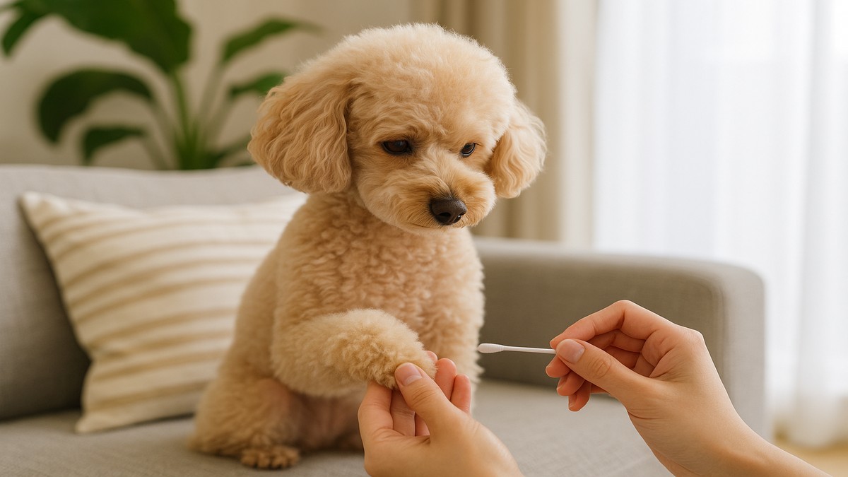 トイプードルのイヴが飼い主に健康チェックを受け、耳や体を優しく触って確認されている写真。
