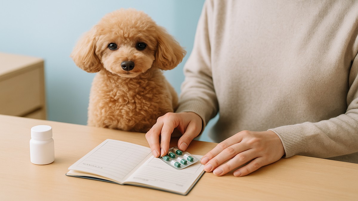 飼い主がワクチン手帳を確認している横で、穏やかに寄り添うトイプードルのイヴ。明るい室内で安心感のある雰囲気の写真。