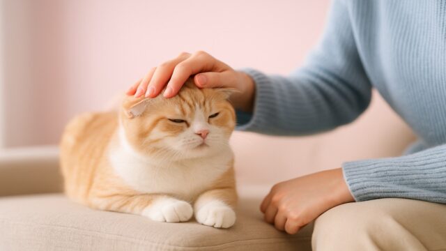 飼い主の手でやさしく撫でられ、うれしそうにリラックスするスコティッシュフォールドの詩。