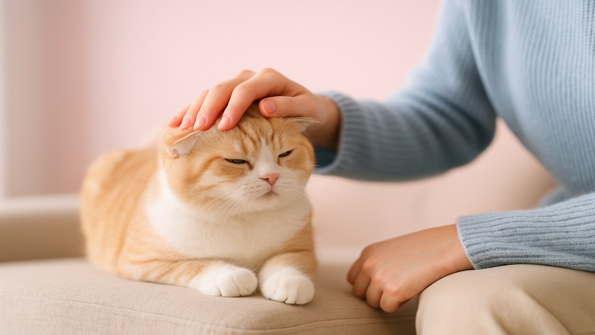 飼い主の手でやさしく撫でられ、うれしそうにリラックスするスコティッシュフォールドの詩。