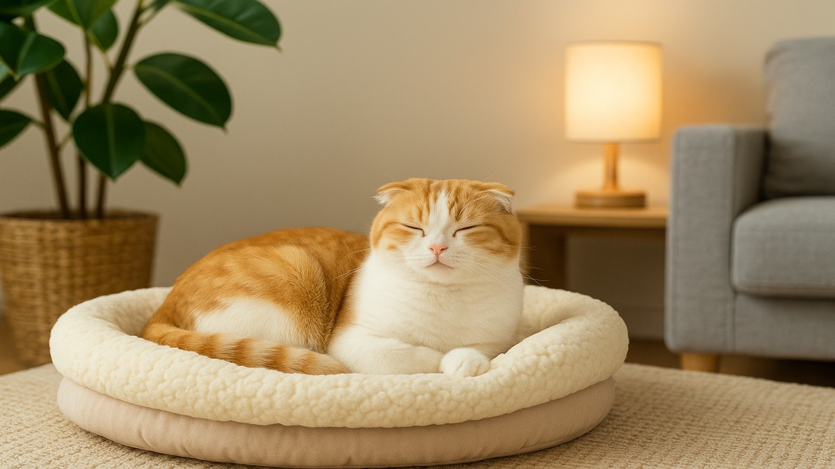 明るいリビングでベッドにくつろぐスコティッシュフォールドの詩。観葉植物とやわらかな光に包まれ、安心した表情を浮かべている。