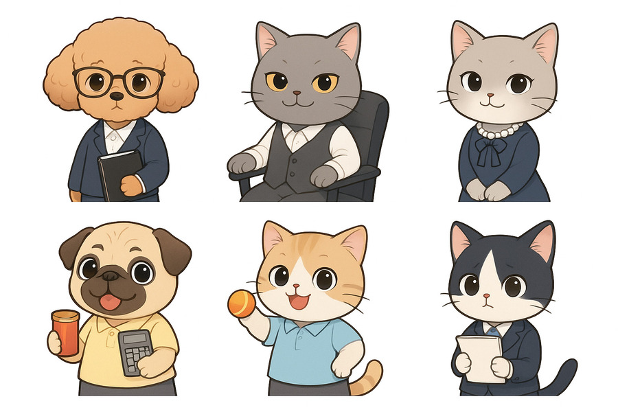 犬猫カンパニー社員のトイプードル、パグ、ブリティッシュショートヘア2匹、スコティッシュフォールド、ハチワレ猫が仲良く並んでいる。