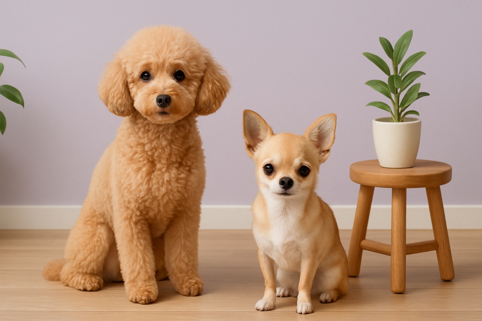 アプリコットのトイプードル・イヴと、淡いフォーンのチワワがペールバイオレットの室内で穏やかに並んで座っている様子。