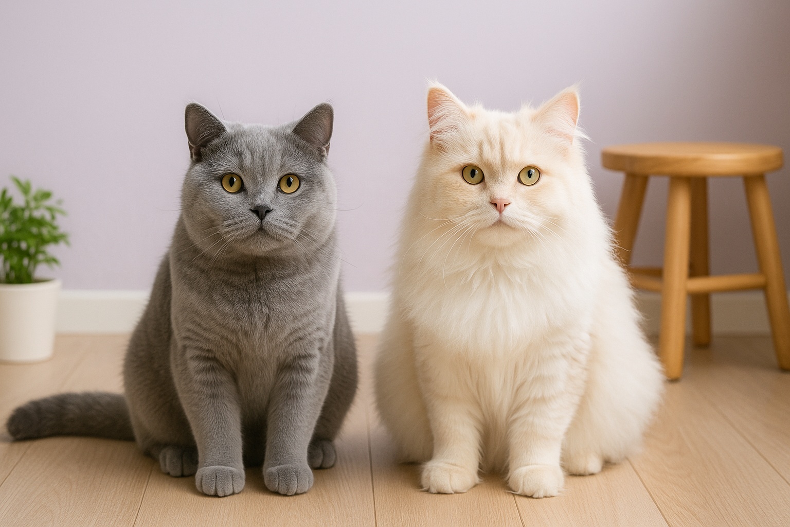 永遠（ブルーの短毛種）と白系の長毛猫が、ペールバイオレットの室内で穏やかに並んで座っている様子。
